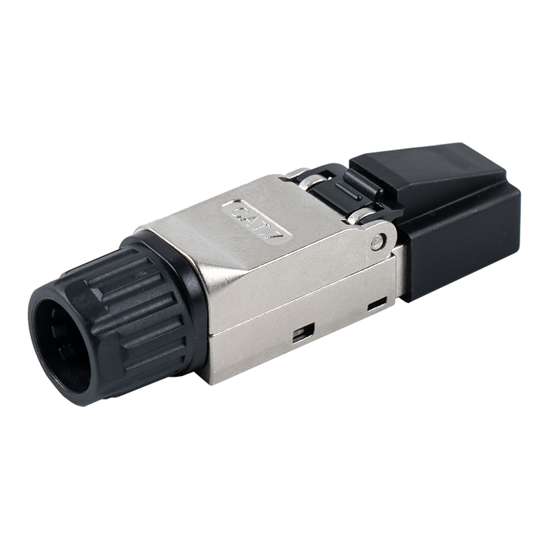 Cat7 stíněný beznástrojový konektor RJ45 (s plastovými krytkami na hlavě a plastovými maticemi na ocasu) RJ-G50S-2-C7